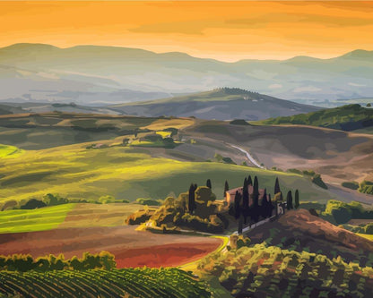 Tuskana Landschaft bei Sonnenaufgang | Malen nach Zahlen