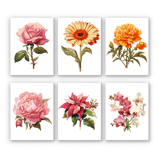 Malen nach Zahlen - 6 Mini-Gemälde | Blumen-set