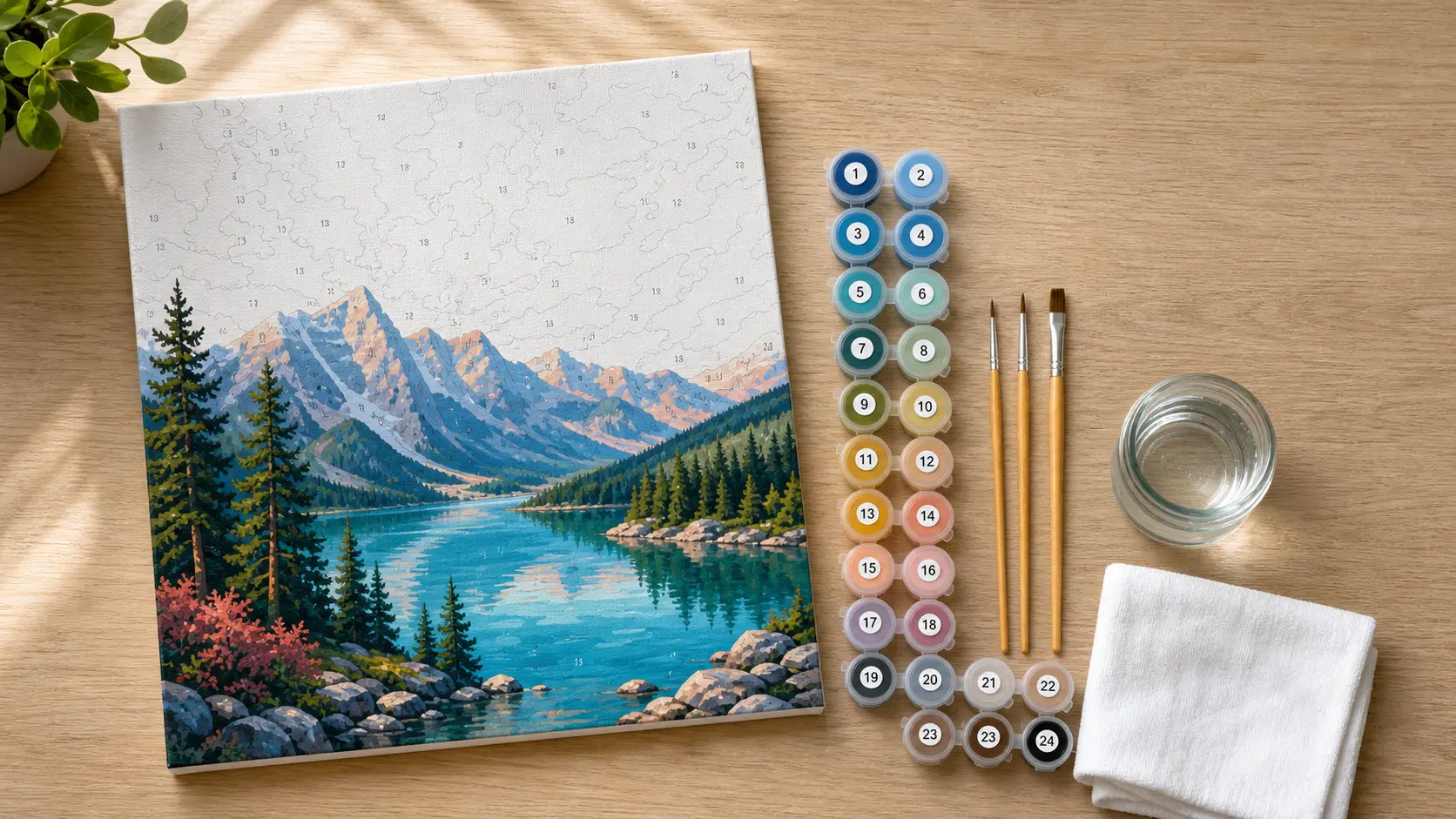 Partly finished paint by numbers canvas of a mountain lake beside 24 numbered acrylic paint pots and three brushes on a wooden table